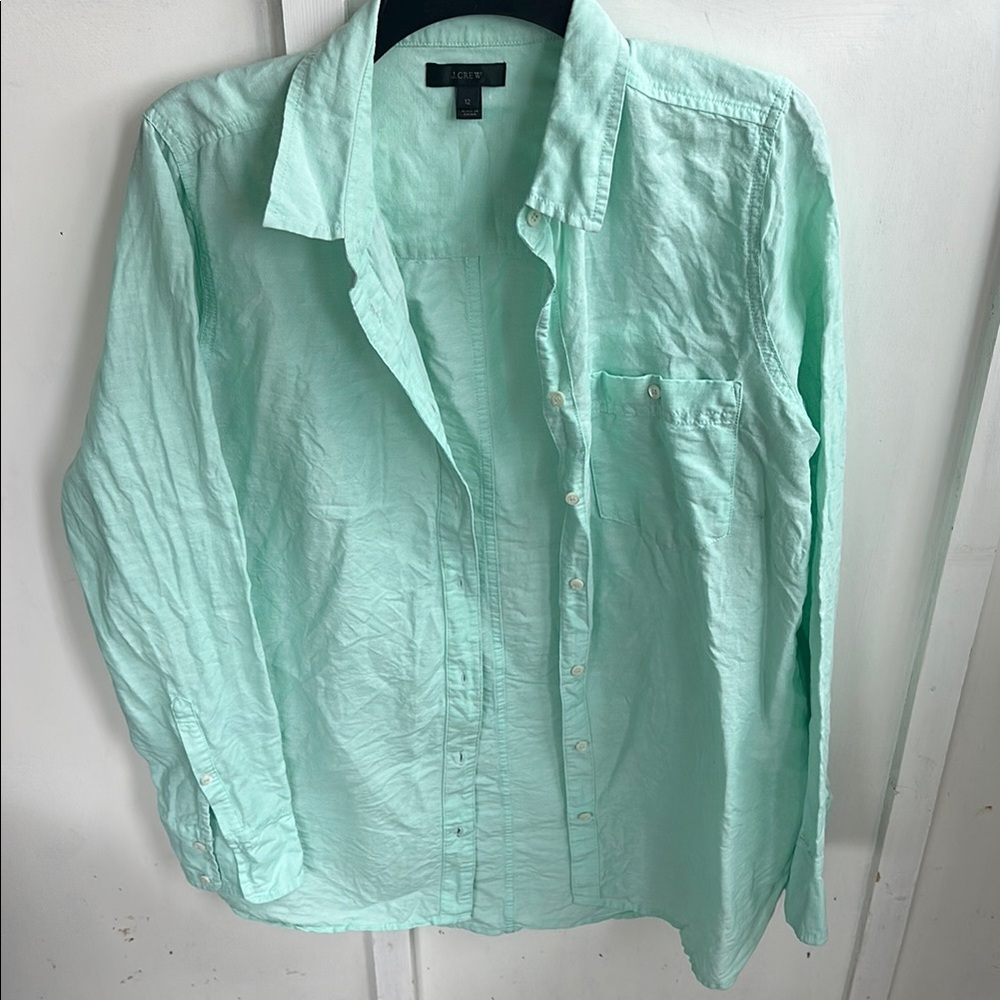 J Crew Linen Blend Mint Green Button-Up Shirt size 12
